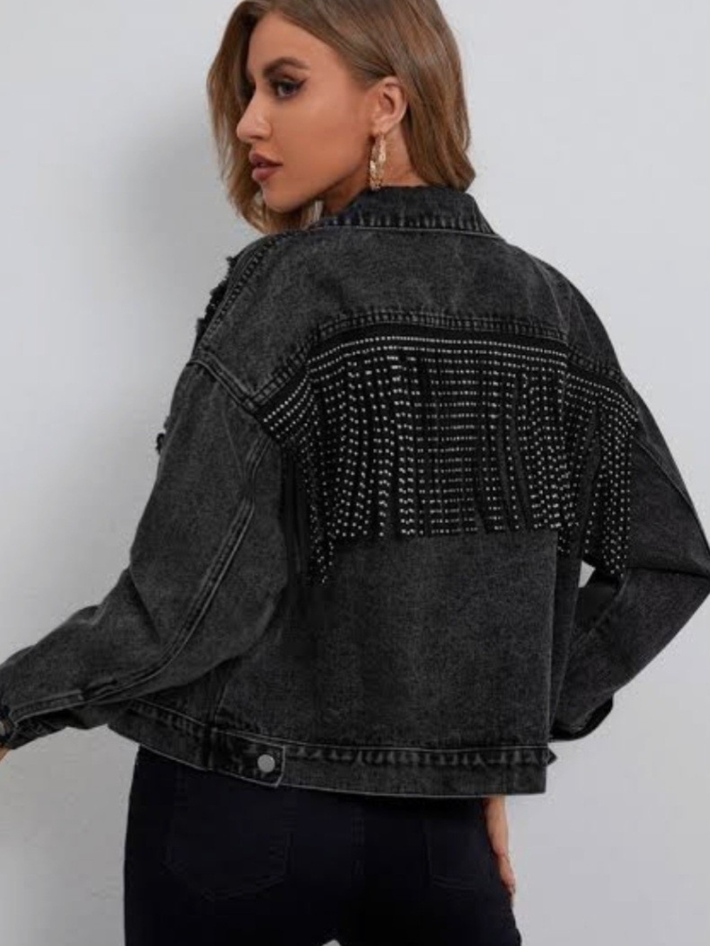 SHEIN Black Studded Fringe Denim Jacket